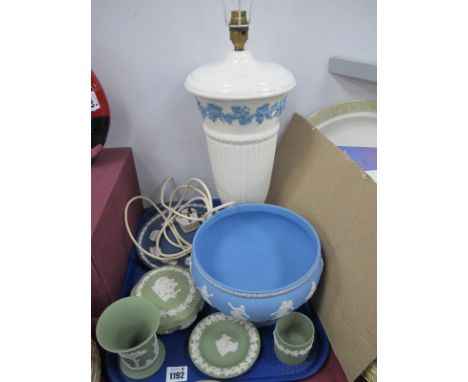 Wedgwood Queens Ware Table Lamp, Jasper ware powder blue bowl, 21cm diameter, blue sporting scenes plate, four pieces in gree