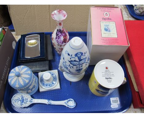 Miessen Blue - White Vase, (damaged), Meissen spoon, Wedgwood Jasper ware jar-cover, Grant of Dalvey plated business card hol