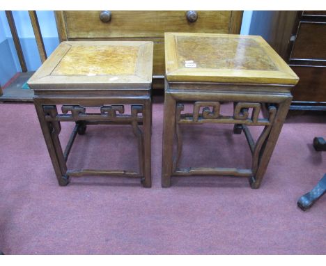 Chinese Hardwood Early XX Century Plant Table, with Burr Wood inset panel and Greek key apron, 39.5cm square, another slightl