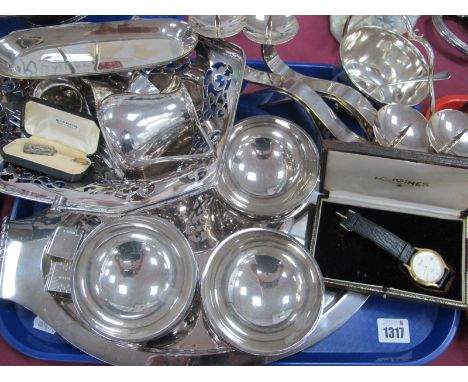 Two Silver Napkin Ring, WMF oval tray 21cm long, Sundae dishes, Sekonda watch, plated ware, candlesticks.