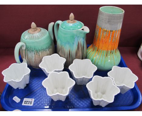 Shelley Drizzle Pattern Teapot, Coffee Pot and Bulbous Vase, 20cm high, six wavy hexagonal jelly moulds:- One Tray.