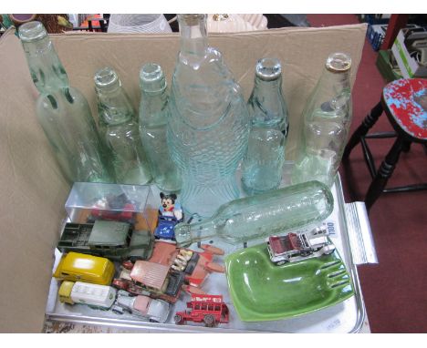 A Dinky Heinz Bedford Van, Matchbox and other die cast vehicles, glass bottles:- One Tray.