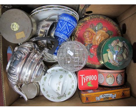 Walker &amp; Hall Dish, plated teapot, sugar and cream, tins, tea ware, etc:- One Box.