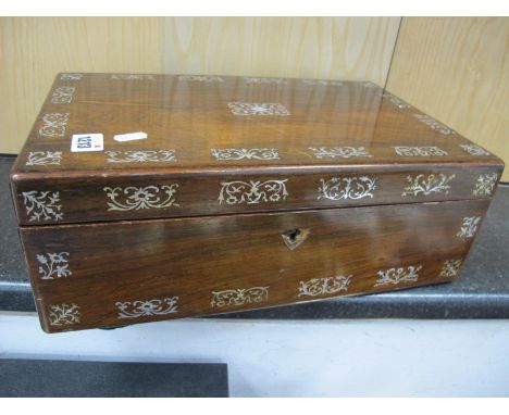 A XIX Century Rosewood Writing Box, with mother of pearl and brass campaign handles, 40cm wide, Royal Worcester Crown ware, f