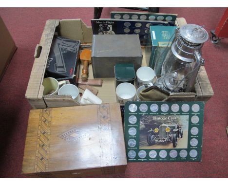 A XIX Century Needlework Box, 27.5cm wide, Kwang Hwa hurricane lamp, razor, shell coin sets, commemorative ware, etc:- One Bo