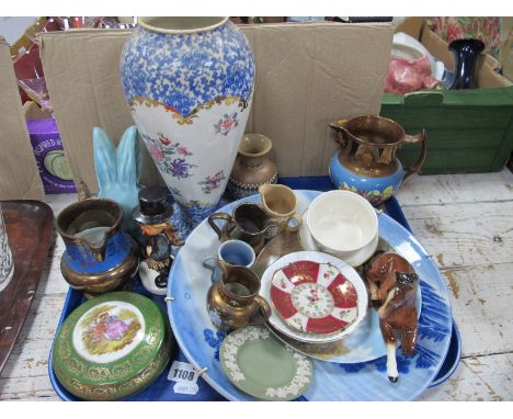 Sylvac Foal, turquoise rabbit, Goebel figure, Crescent vase 28.5cm high, etc:- One Tray.