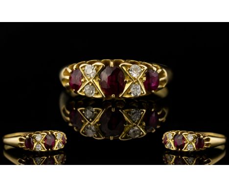 An Edwardian Period - Attractive 18ct Gold Ruby and Diamond Dress Ring of Superior Quality. The Three Natural Rubies of Excel