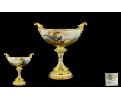 Royal Worcester Impressive and Fine Signed and Hand Painted Twin Handle Pedestal Bowl of Classical Form with Painted Panorami