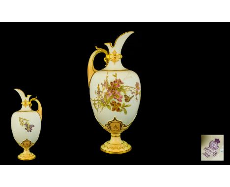 Royal Worcester Superb Hand Painted Persian Style Ivory Ground Urn Shaped Pitcher / Jug. Decorated with Raised Painted Floral