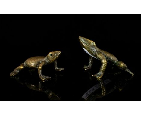 Two Late 19th Century Cast Brass Frog Figures Each realistically modelled with impressed scales/textural detail.