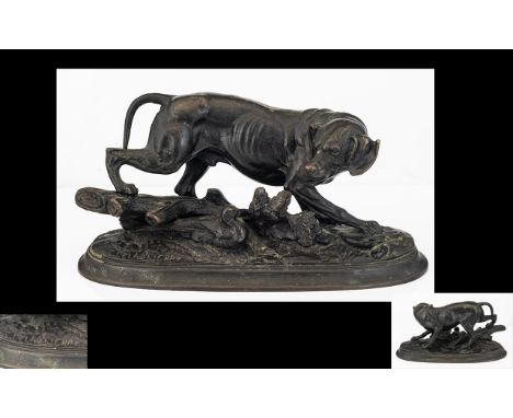 Cast Metal Bronzed Figure Of A Hunting dog; Signed E Delabrierre Length 7 Inches.