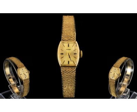 Tudor Rolex Ladies 9ct Gold Cocktail Watch Fully hallmarked to clasp, comprising rectangular case with brushed gold face and 