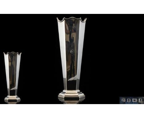 George V - 1920's Attractive Silver Vase of Tapered Form, Raised on a Rectangular Shaped Base, Coronet Shaped Top Rim. Hallma