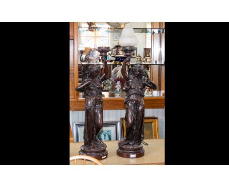 A Pair Of Large Heavy Bronzed Figural Lamps In 19th Century French Style each in the form of classical maidens, their arm hel