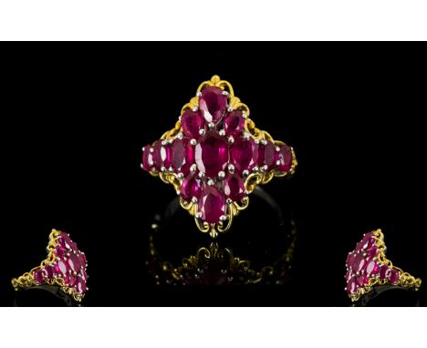 Ruby Lozenge Shape Cluster Ring, a cluster of 5.75cts of bright red rubies with deep pinkish undertones, possibly of Burmese 