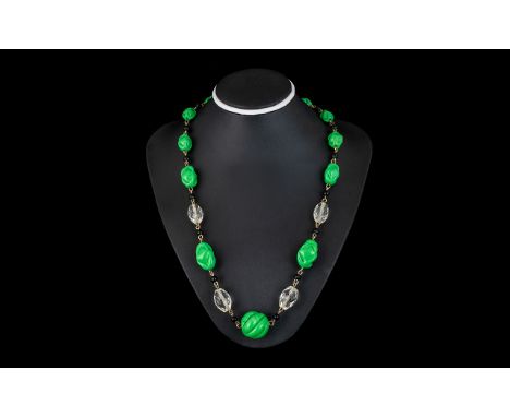 Vintage Beaded Necklace, In Green, Black &amp; White Tones, Looks Great on and of Good Quality. Approx Length All together 20