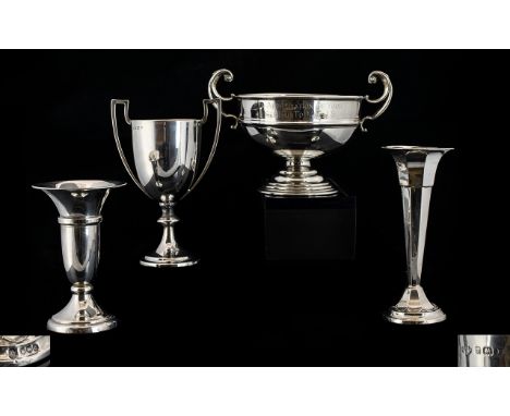 A Collection of Small Silver Vases &amp; Twin-handled Trophy Cups, Four (4) Pieces in total.  All pieces with full silver hal