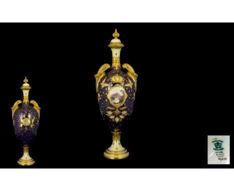 Coalport Superb Quality Hand Painted and Gilded Tall Twin Handle Urn Shaped Lidded Vase of Very Pleasing Form. c.1891 - 1895.