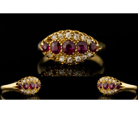 Victorian Period - Attractive 18ct Gold Ruby and Diamond Ring. c.1850's. The Five Rubies Surrounded by Old Cut Diamonds, The 