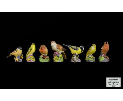 Royal Worcester Bone China Hand Painted Bird Figures ( 7 ) Seven In Total. Comprises 1/ Wood Warbler 3200. 2/ Nightingale 333