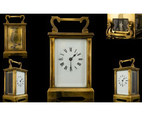 English - Early 20th Century Heavy Made Well Made Brass Carriage Clock with Bevelled Glass Panels and Visible Platform, Lever