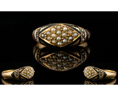 Victorian Gold Mourning Ring Set With Seed Pearls And Black Enamel, Hallmark Rubbed, Makers Mark J.M. Ring Size N½