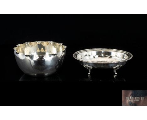 Early 20th Century Pleasing Oval Shaped Silver Footed Dish with Reeded Border, Fluted Interior, Ornate Feet. Hallmark Birming