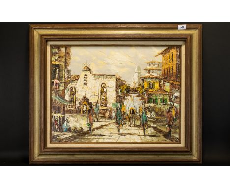 Original Impasto Oil On Canvas Depicting impressionistic figures in Mexican street scene. Marked to lower left/partially conc