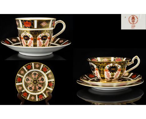 Royal Crown Derby Pair of Trios - single gold band. Six pieces include tea cup, saucer and side plate. Pattern no. 1128, date