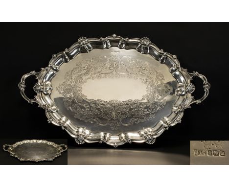 Edwardian Period Large & Impressive Solid Silver Twin-handled Gallery Tray with Cast Shell Borders & Handles.  Excellent qual