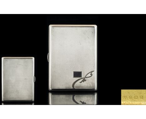 Art Deco Period - Bright Cut Gentleman's Solid Silver Hinged Rectangular Shaped Cigarette Case with Gilt Interior and of Supe