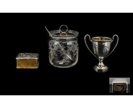 A Collection Of Silver Items Four pieces in total To include a cedar lined cigarette box, twin handle trophy, etched glass pr