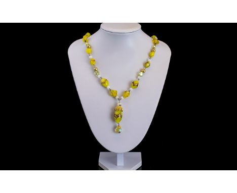 Vintage Long Beaded Necklace, In Yellow Tones, Looks Great on and of Good Quality, Approx 22 Inches In Length, And a 2.5 Inch