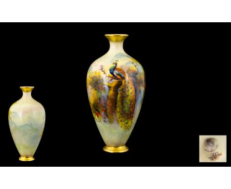 Royal Worcester - Superb Quality Signed and Hand Painted Ovoid Shaped Vase, Depicting a Peacock and Peahen In a Rich Coloured