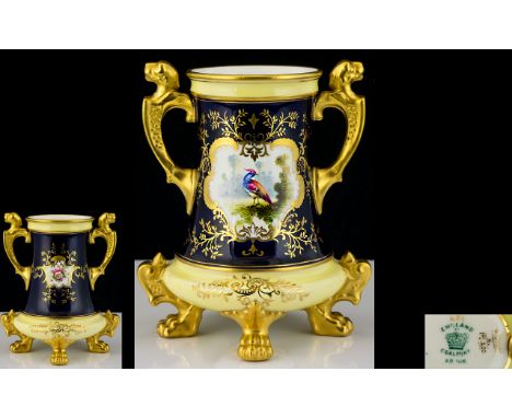 Coalport Wonderful Quality Hand Painted Figural Handle Footed Vase, Raised on Lion Paw Feet, The Central Panel with Images of