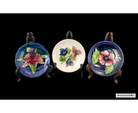 Moorcroft Tube lined Pin Dishes ( 3 ) Various Floral Designs, Including the Orchids Pattern. c.1980's - 1990's. All are First