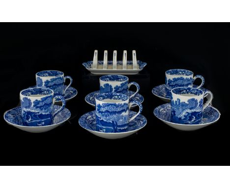 Copeland Spode Italian Pattern Demitasse Set Comprising six espresso/chocolate cups with matching saucers and toast rack of s