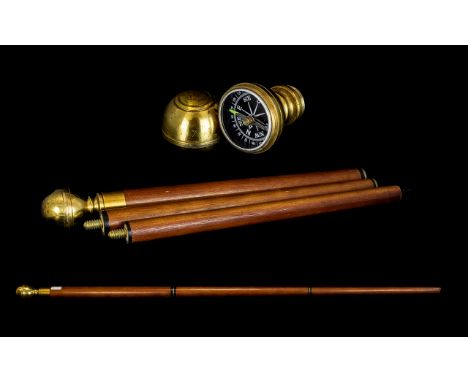 Brass Handle Three Piece Walking Stick A Novelty Walking Stick With Hidden Compass. Please See Accompanying Image