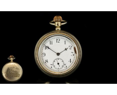 Railway Style Pocket Watch White enamel dial, Arabic numerals with subsidiary seconds, screw back case with locomotive engrav