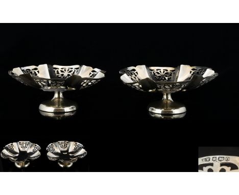 1930's Pair of Silver Pedestal Dishes of Small Proportions with Shaped and Pierced Sides, Each Raised on a Circular Bases, Bo