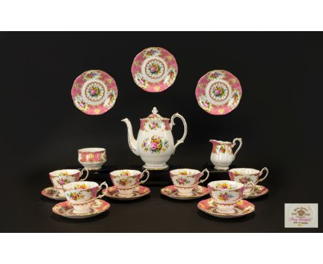 Royal Albert Bone China 15 Piece Tea Service 'Lady Carlyle' pattern, reg no. 855022, comprising 6 cups and 6 saucers, 1 tea p