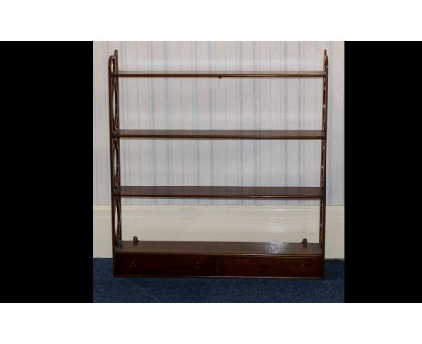 Mahogany Shelf Unit Rack - comprising three shelves above x 2 frieze drawers with open work sides. Height 33 inches, 32 inche