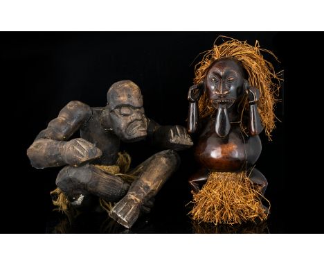 Two Carved Wood Hessian And Coir Figures - Naive Tribal Figures, Each With Aged Patina. The First In The Form Of A Seated Mal