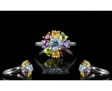 Peridot, Amethyst, Garnet, Citrine and Sky Blue Topaz Ring, the round cut topaz of 1ct, to the centre, surrounded by a furthe