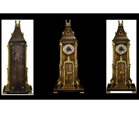 French 19thC Mantle Clock Realistically Modelled In The Form Of A Clock Tower With Leaded Glass Windows, Front Door And Brass