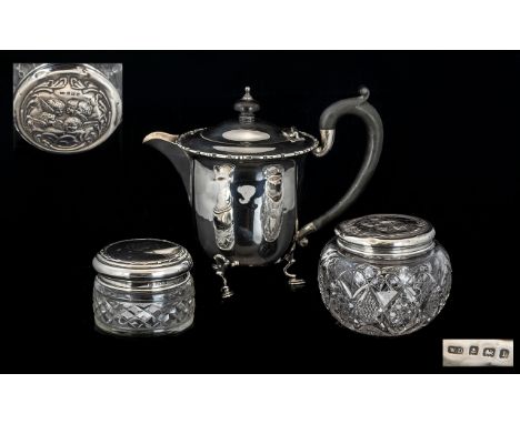 A Mixed Collection Of  Antique Silver Items To include a footed coffee pot with fluted lid detail and ebonised scroll handle,