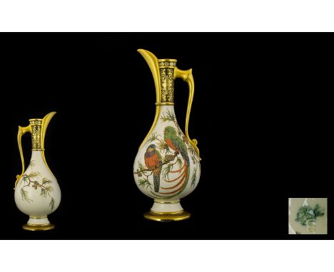 Royal Worcester - Persian Style Large and Impressive Hand Painted Ivory and Gilded Ewer / Pitcher with Wonderful Raised Paint