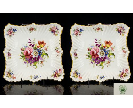 Hammersley &amp; Co Pair Of Dishes decorated with painted floral images, gold shaped border circa 1930's/40's. 7 inches x 7 i