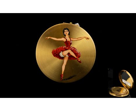 Stratton Vintage Ballet Interest Gold Tone Compact Circa 1950's, Of Circular Form In Brushed Gold Tone Metal. A Rare Example 