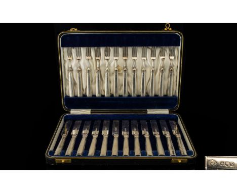 Elkington &amp; Co ( 24 ) Piece Boxed Delux Set of ( 12 ) Silver Handle Knives &amp; ( 12 ) Silver Handle Forks. Hallmark She